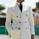White Linen Men Suits Slim Summer Double Breasted Peak Lapel Tuxedo Groom Wedding Party Daily Casual Male Suit (Blazer+Pants)
